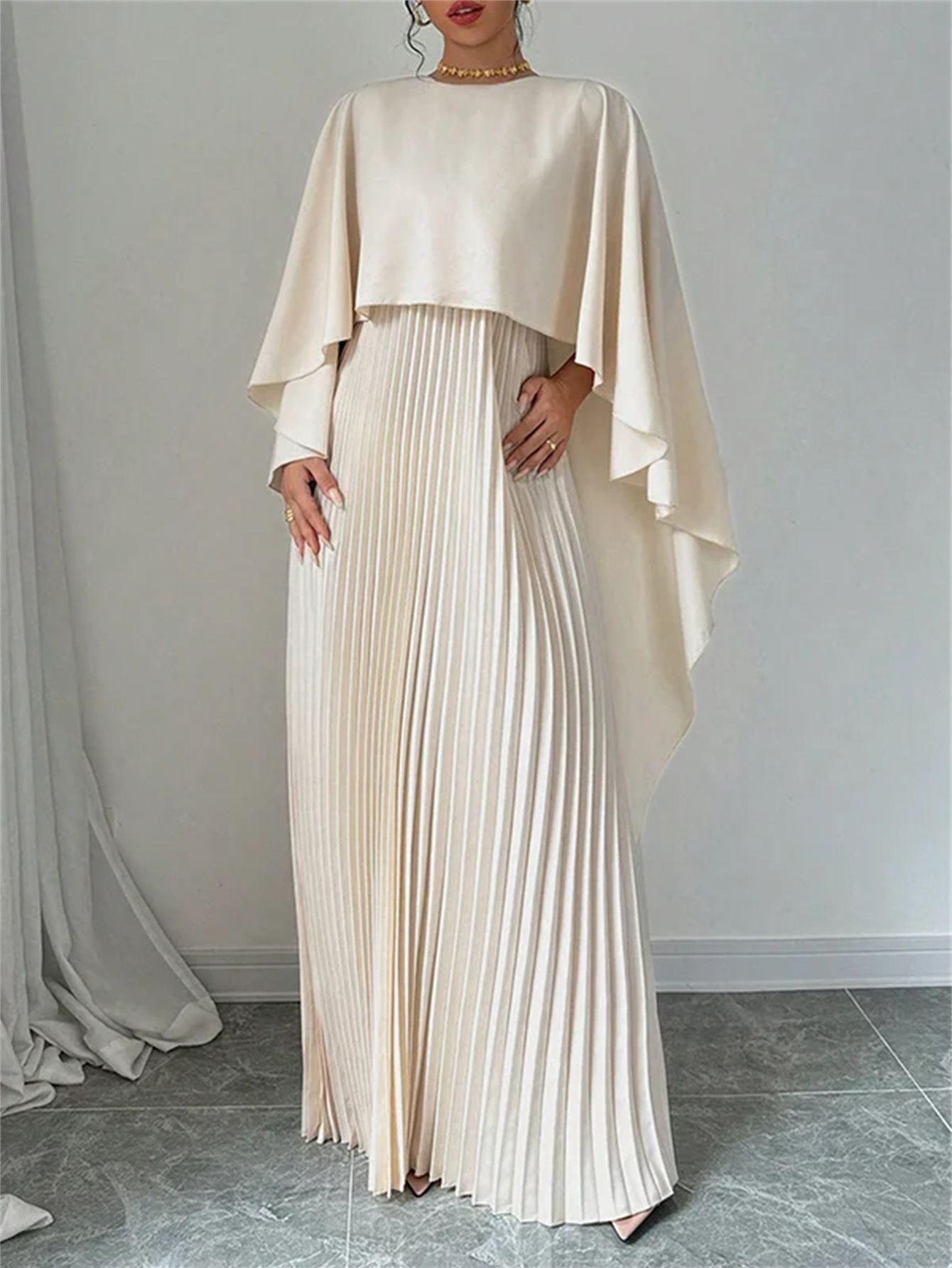 Elegant Cape Overlay Pleated Maxi Dress (Buy 2 Free Shipping)