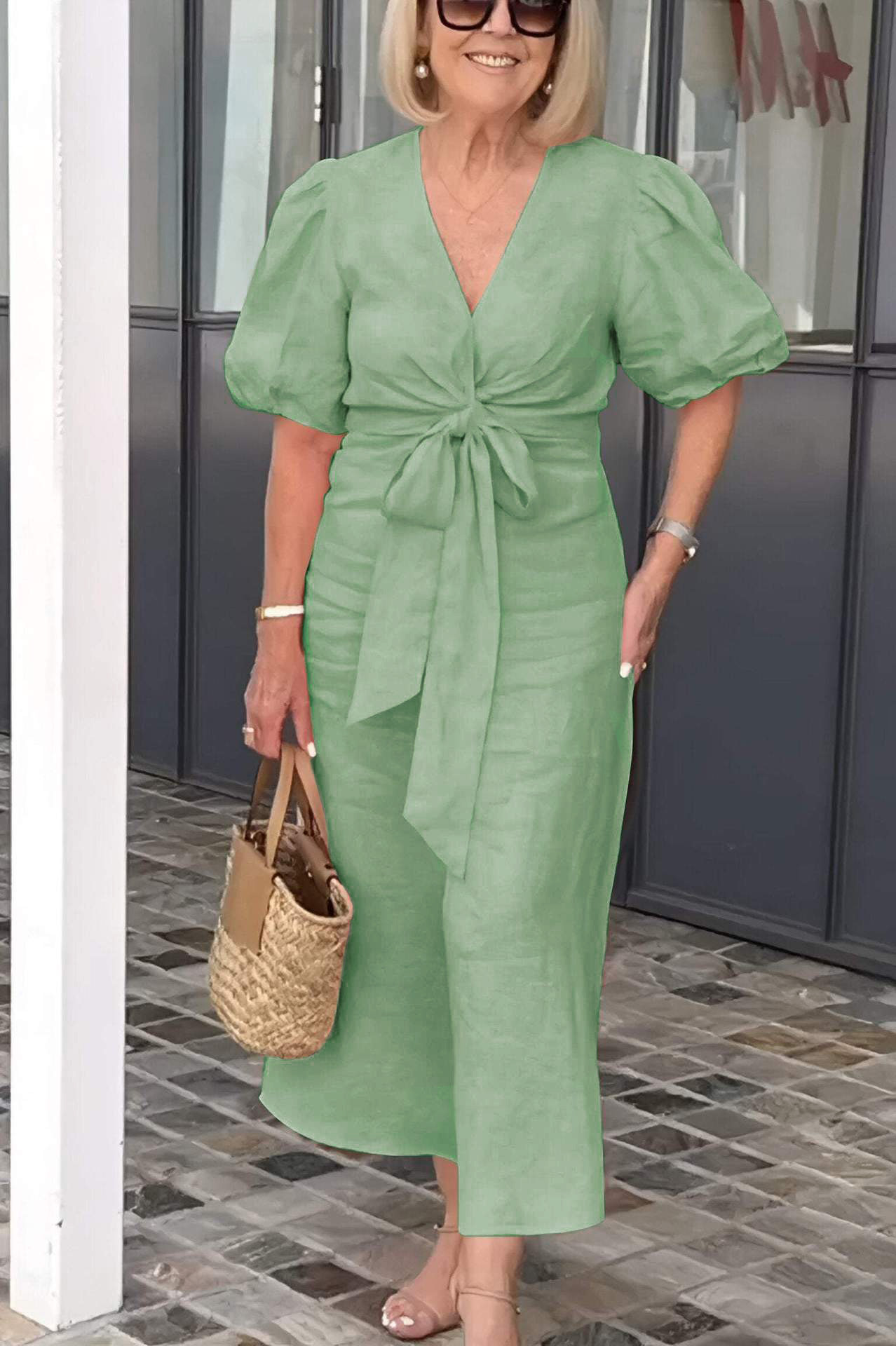 Elegant Puff Sleeve Tie Front Midi Dress (Buy 2 Free Shipping)