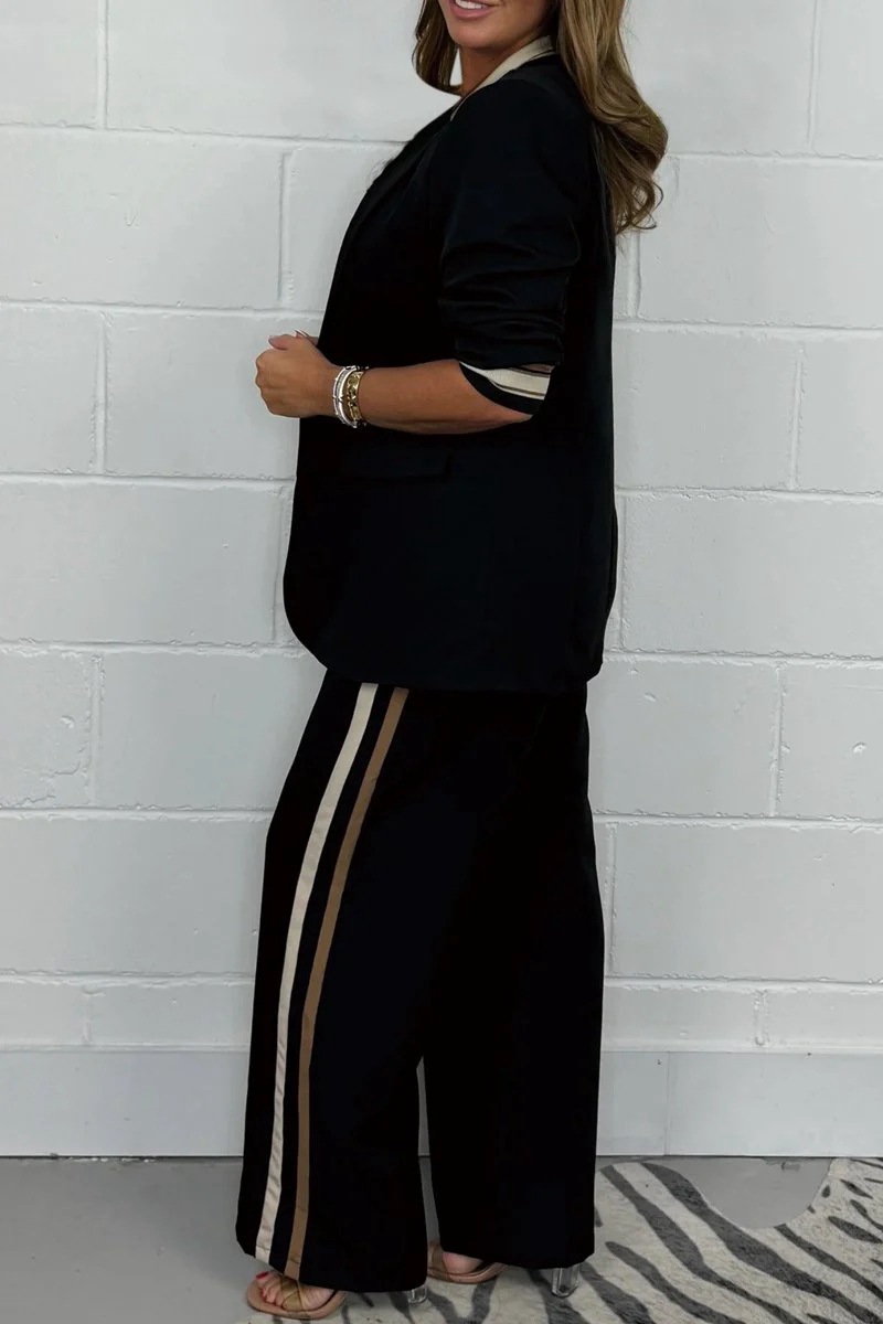 Colorblock Trim Blazer & Wide-Leg Pants Set (Buy 2 Free Shipping)