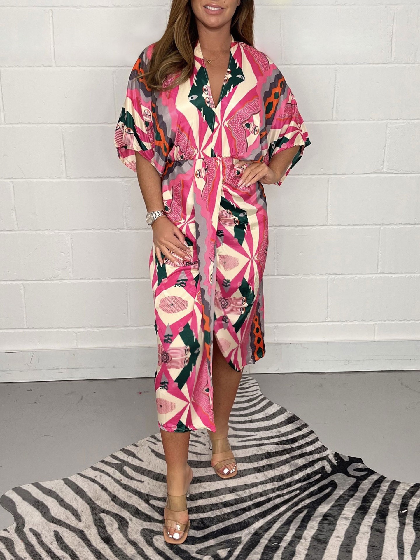 Colorful Print Twist Front Midi Dress (Buy 2 Free Shipping)