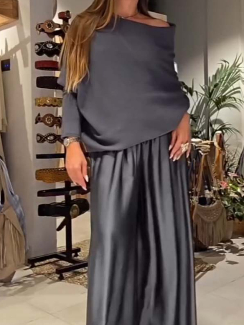 Elegant Off-Shoulder Drape Top and Wide Leg Satin Pants Set (Buy 2 Free Shipping)