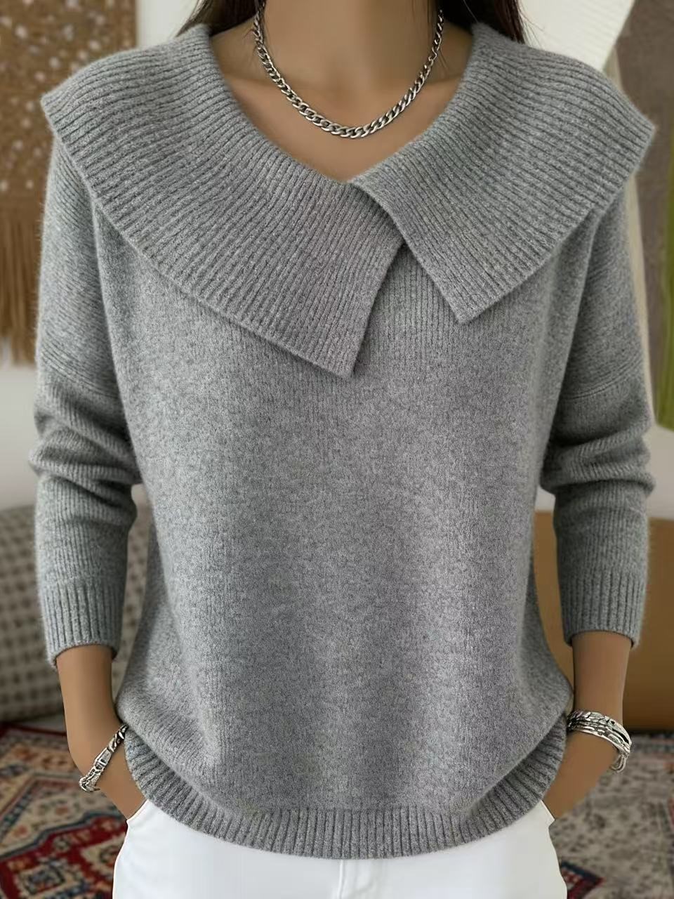 Elegant Wide Collar Knit Pullover Long Sleeve Sweater (Buy 2 Free Shipping)