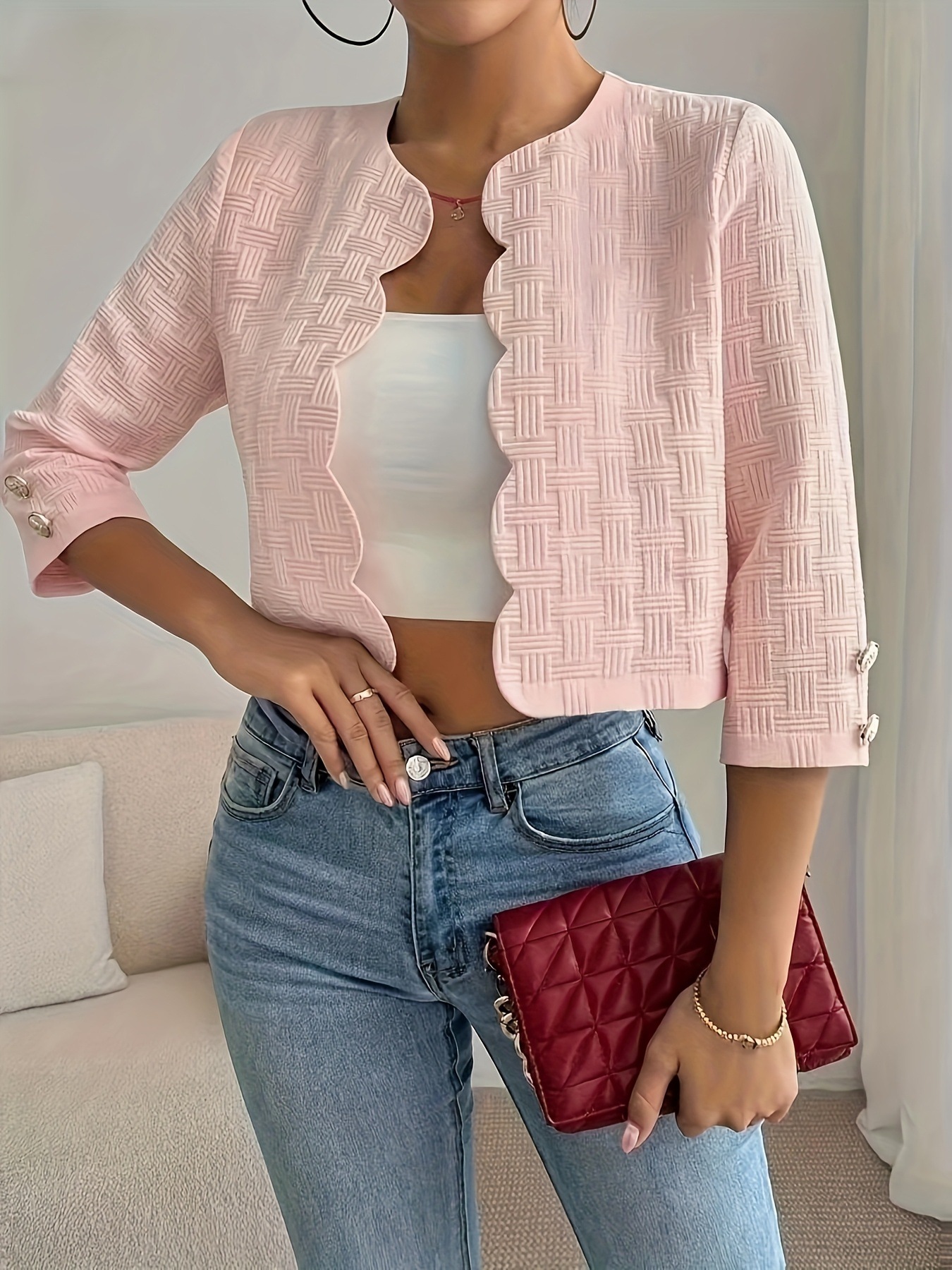Elegant Textured Woven Open Front Cropped Jacket