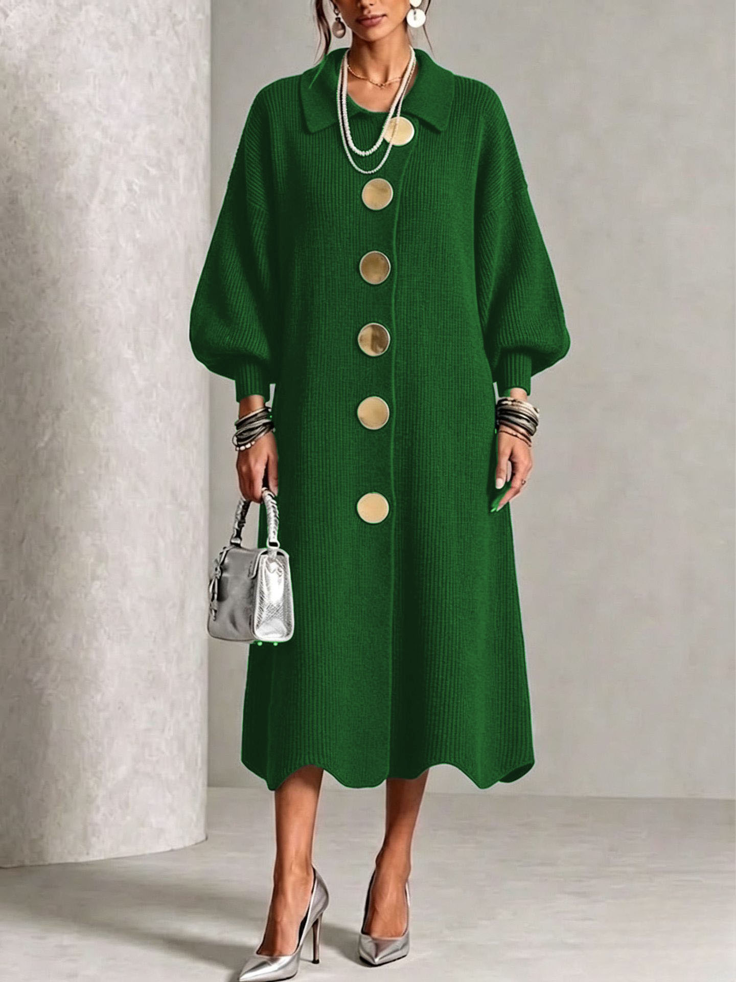 Elegant Collared Button Ribbed Knit Dress