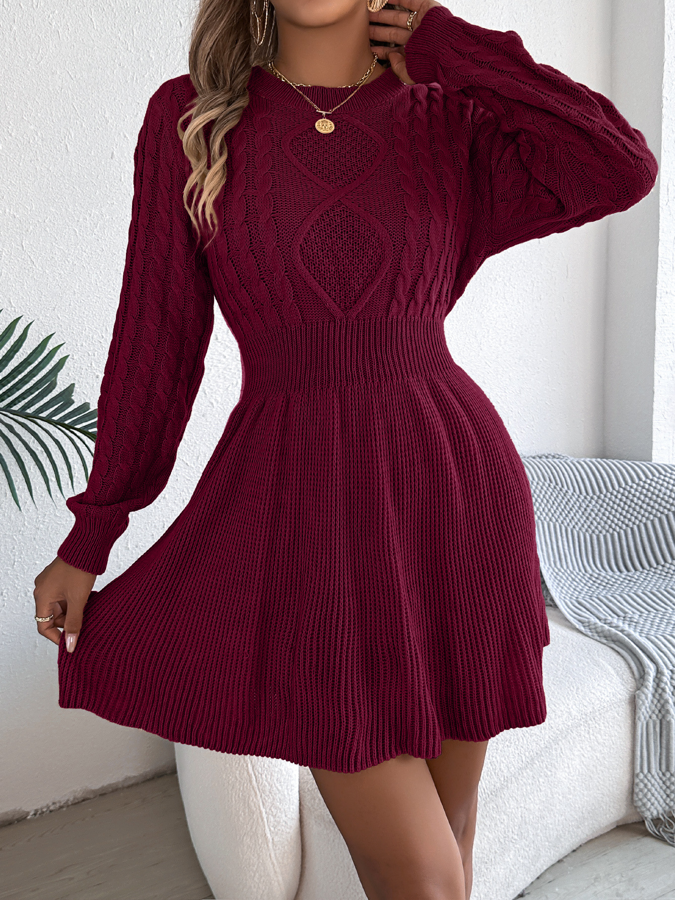 Cable Knit Slim Fit Waistline Sweater Dress