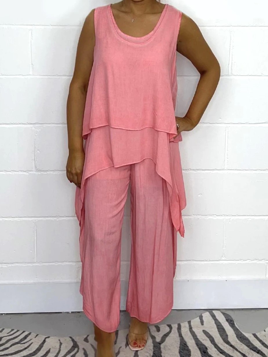 Flowy High-Low Layered Hem Wide Leg Two Piece Set (Buy 2 Free Shipping)