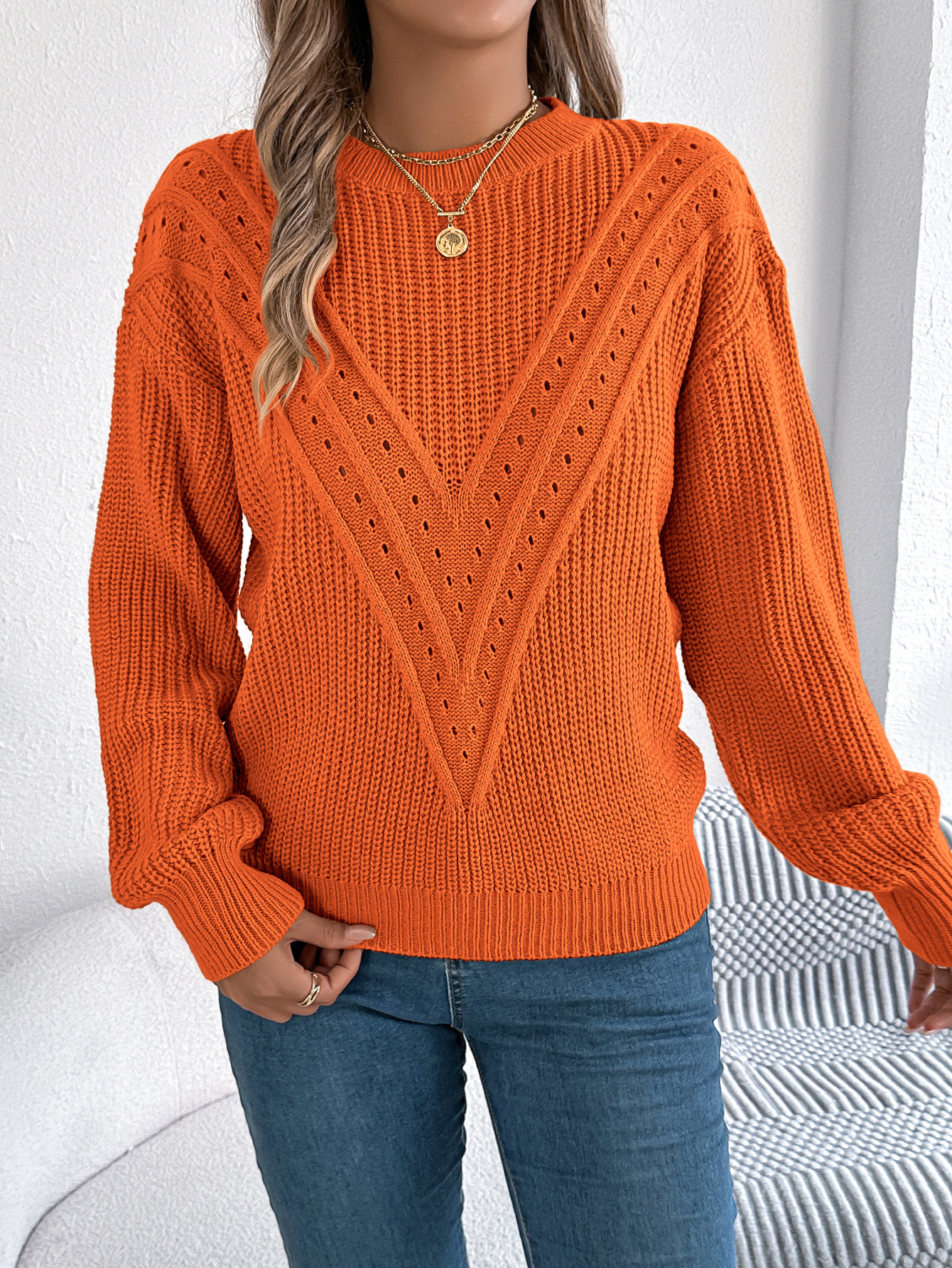 Elegant Textured Knit V Pattern Pullover Sweater