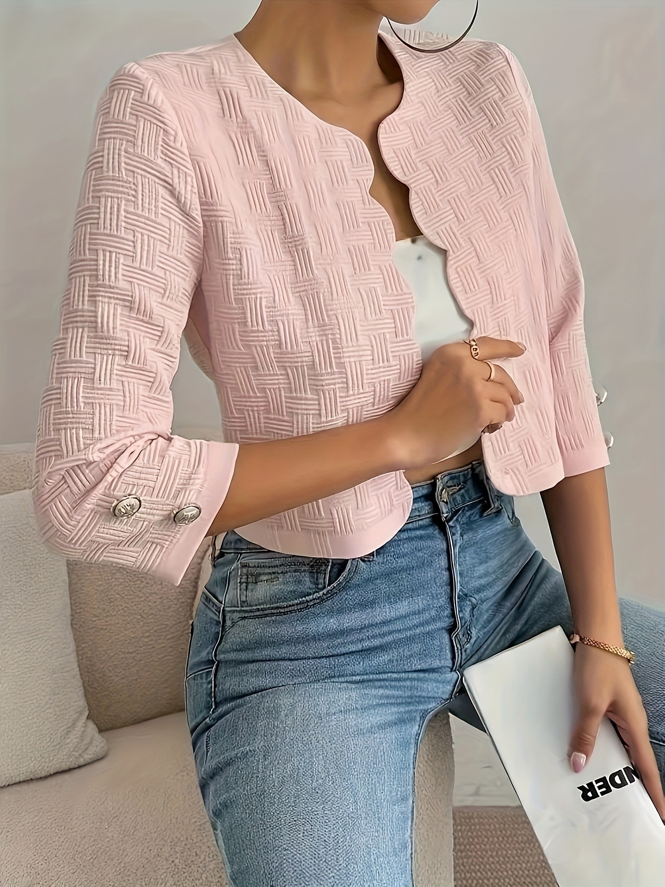 Elegant Textured Woven Open Front Cropped Jacket