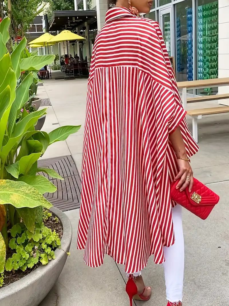 Relaxed Fit Striped Asymmetrical Hem Button Shirt