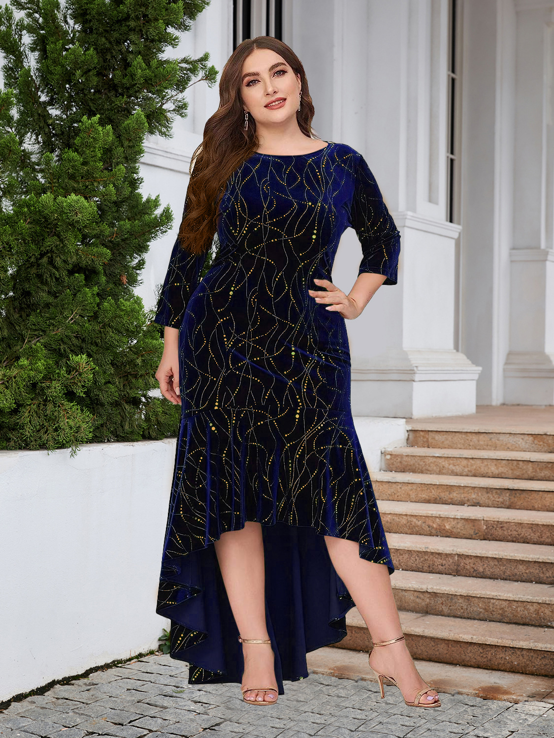 Elegant Velvet Gold Swirl High-Low Dress
