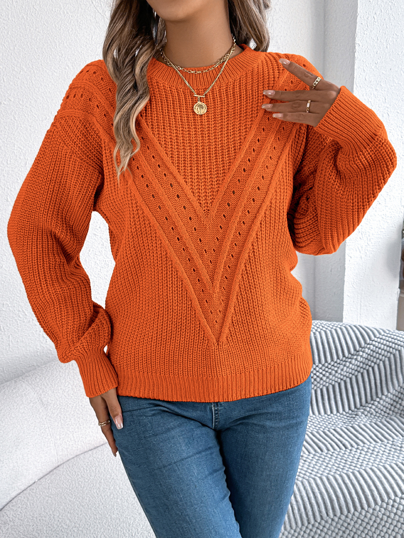 Elegant Textured Knit V Pattern Pullover Sweater