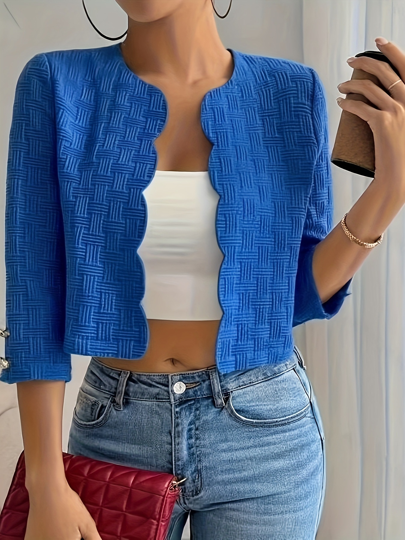 Elegant Textured Woven Open Front Cropped Jacket