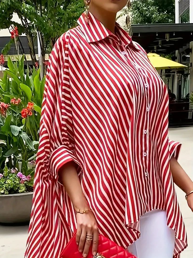 Relaxed Fit Striped Asymmetrical Hem Button Shirt