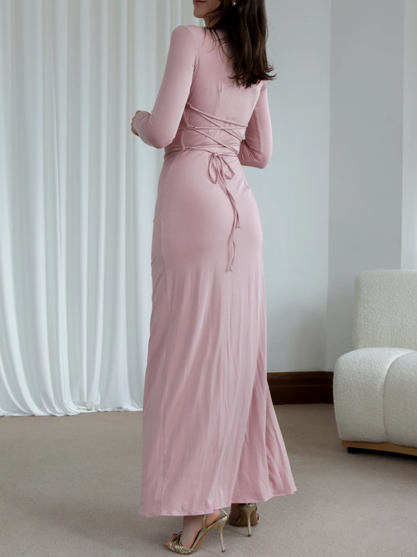 Long Sleeves Draped Slit Maxi Dress (Buy 2 Free Shipping)