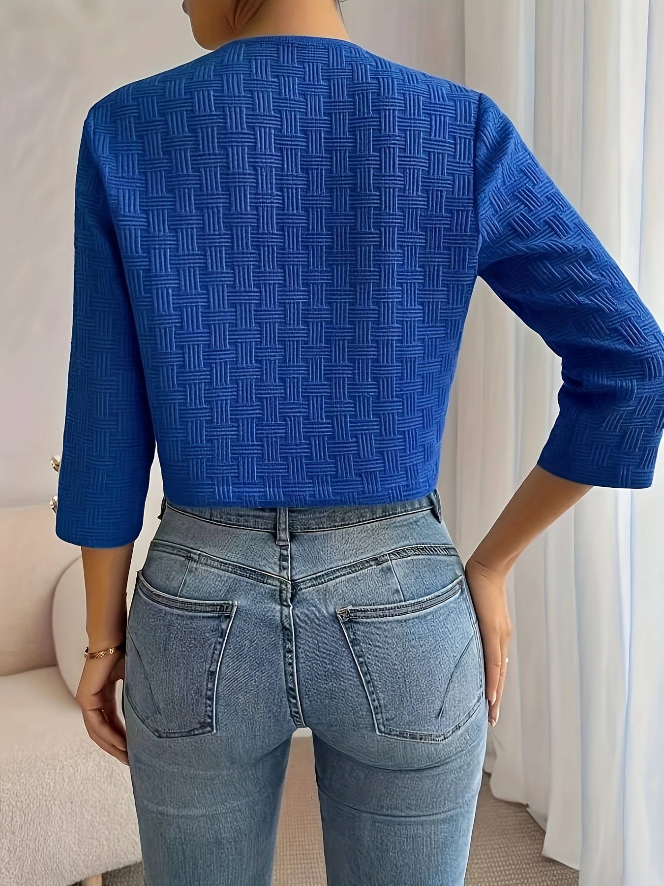 Elegant Textured Woven Open Front Cropped Jacket