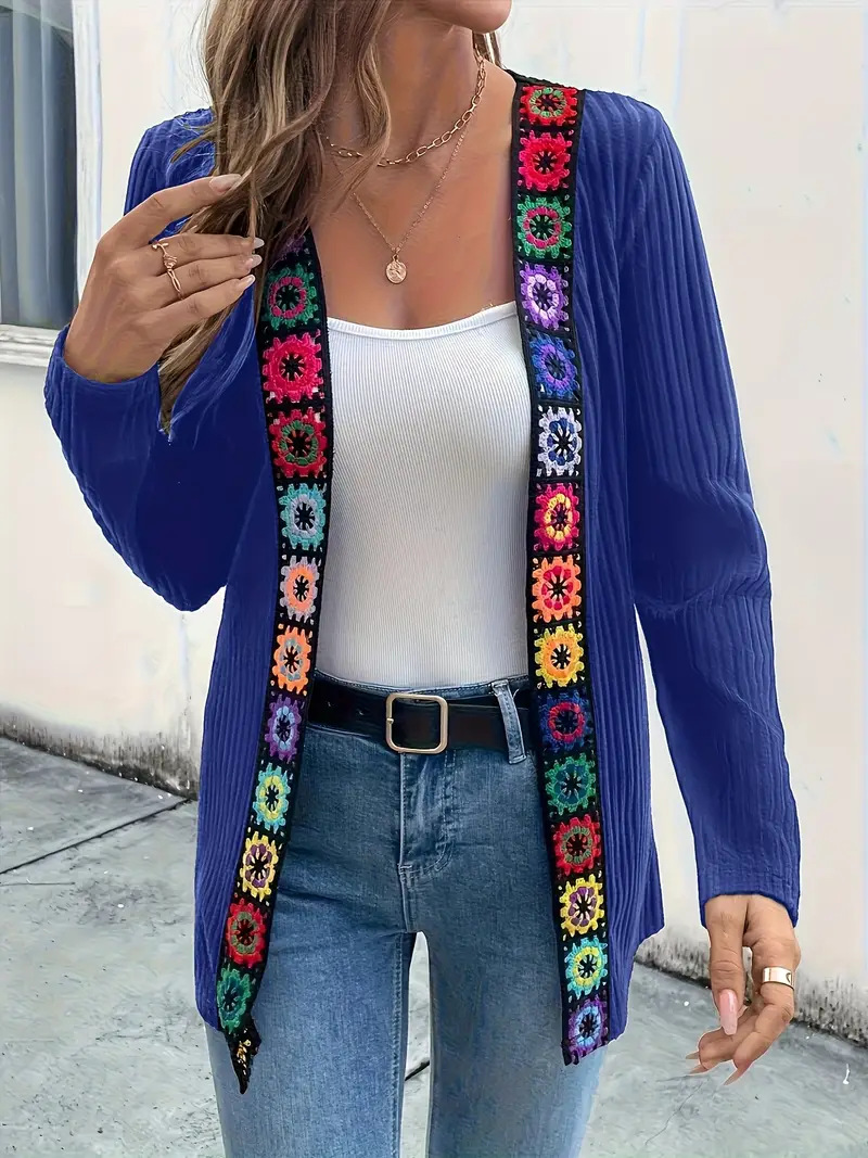 Boho Crochet Trim Rib Knit Open Cardigan
