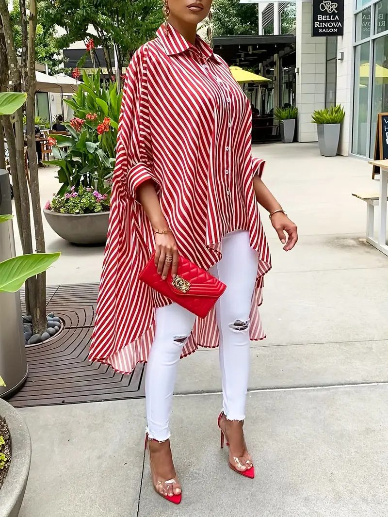 Relaxed Fit Striped Asymmetrical Hem Button Shirt