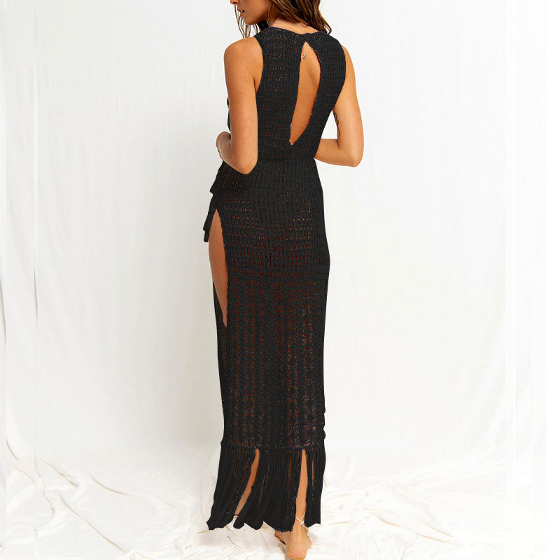 Boho Crochet Knit Tassel Hem Side Slit Dress