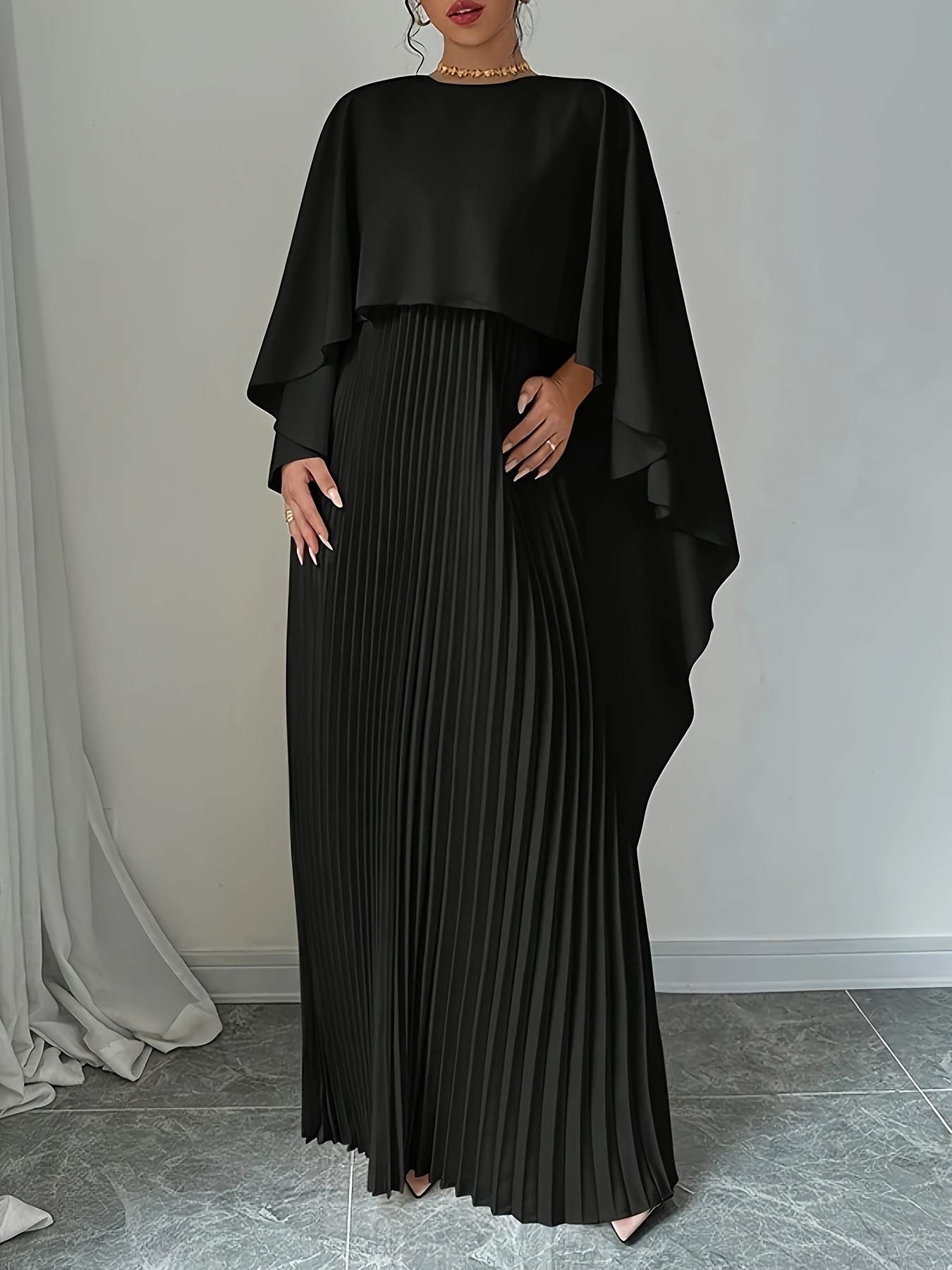 Elegant Cape Overlay Pleated Maxi Dress (Buy 2 Free Shipping)