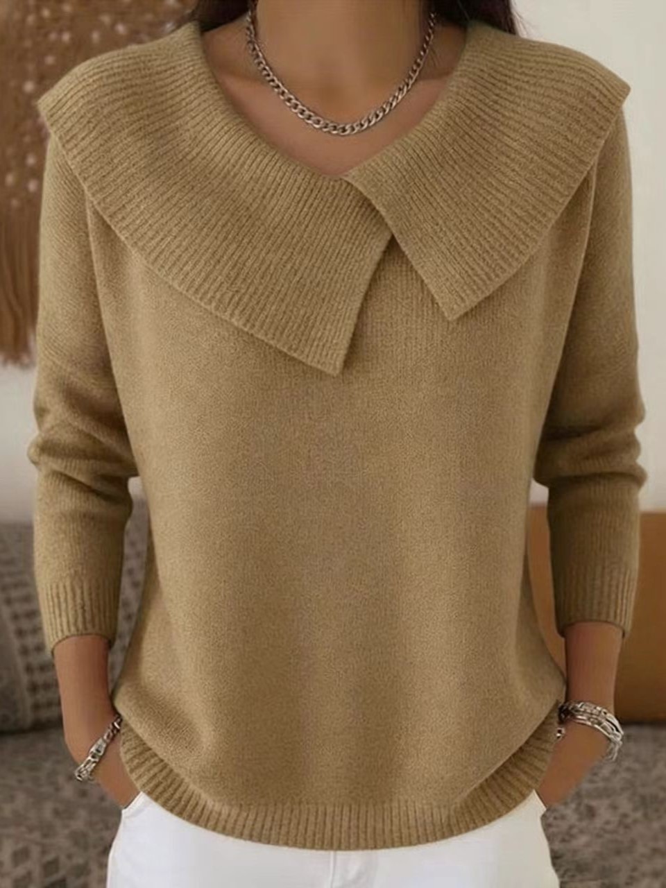 Elegant Wide Collar Knit Pullover Long Sleeve Sweater (Buy 2 Free Shipping)