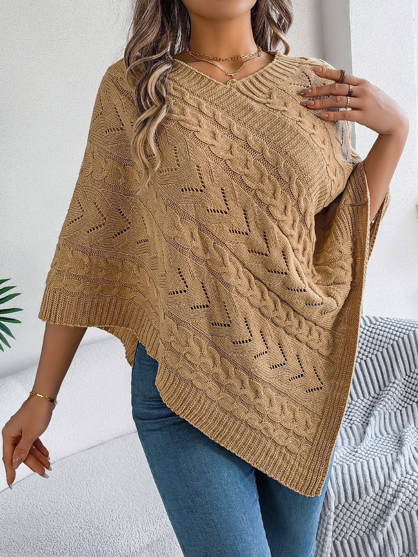 Relaxed Chevron Cable Knit V-Neck Poncho Sweater