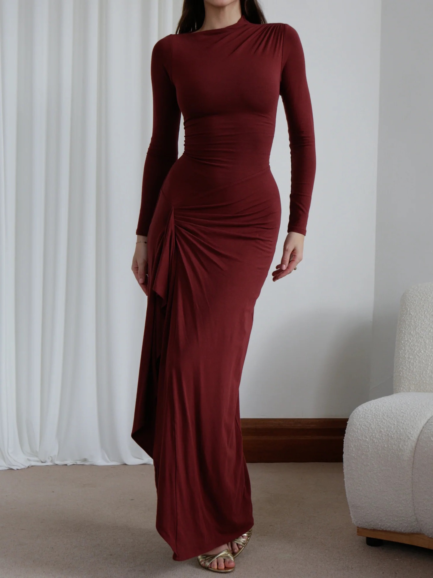 Long Sleeves Draped Slit Maxi Dress (Buy 2 Free Shipping)