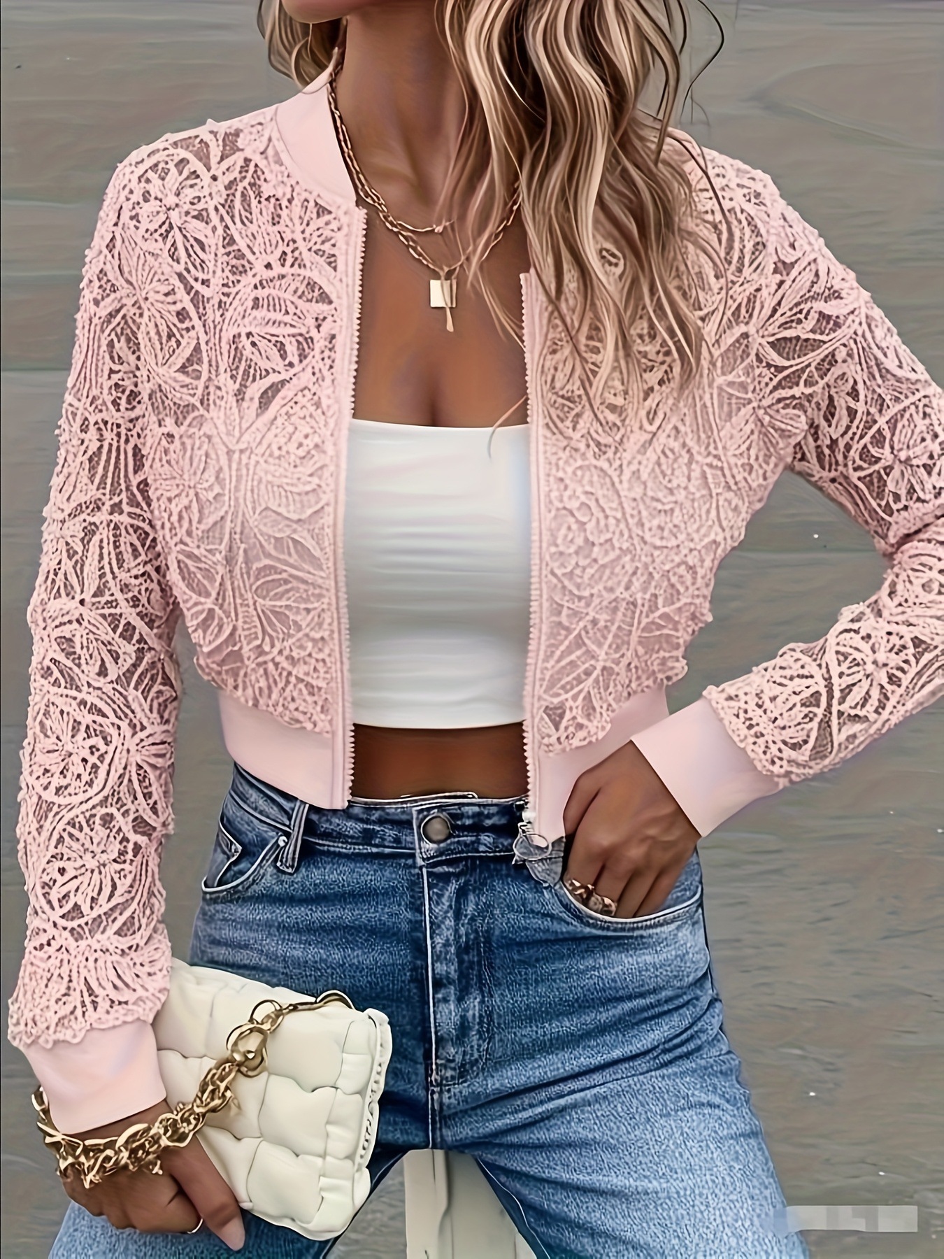 Elegant Lace Mesh Zip Front Cropped Jacket