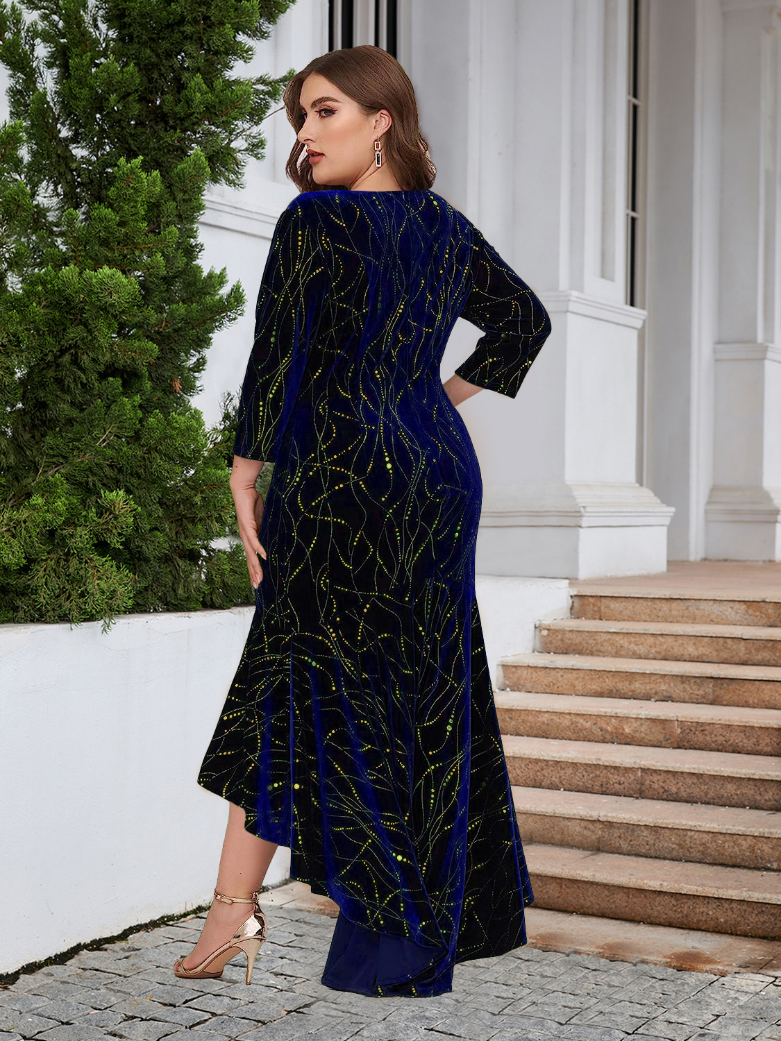 Elegant Velvet Gold Swirl High-Low Dress