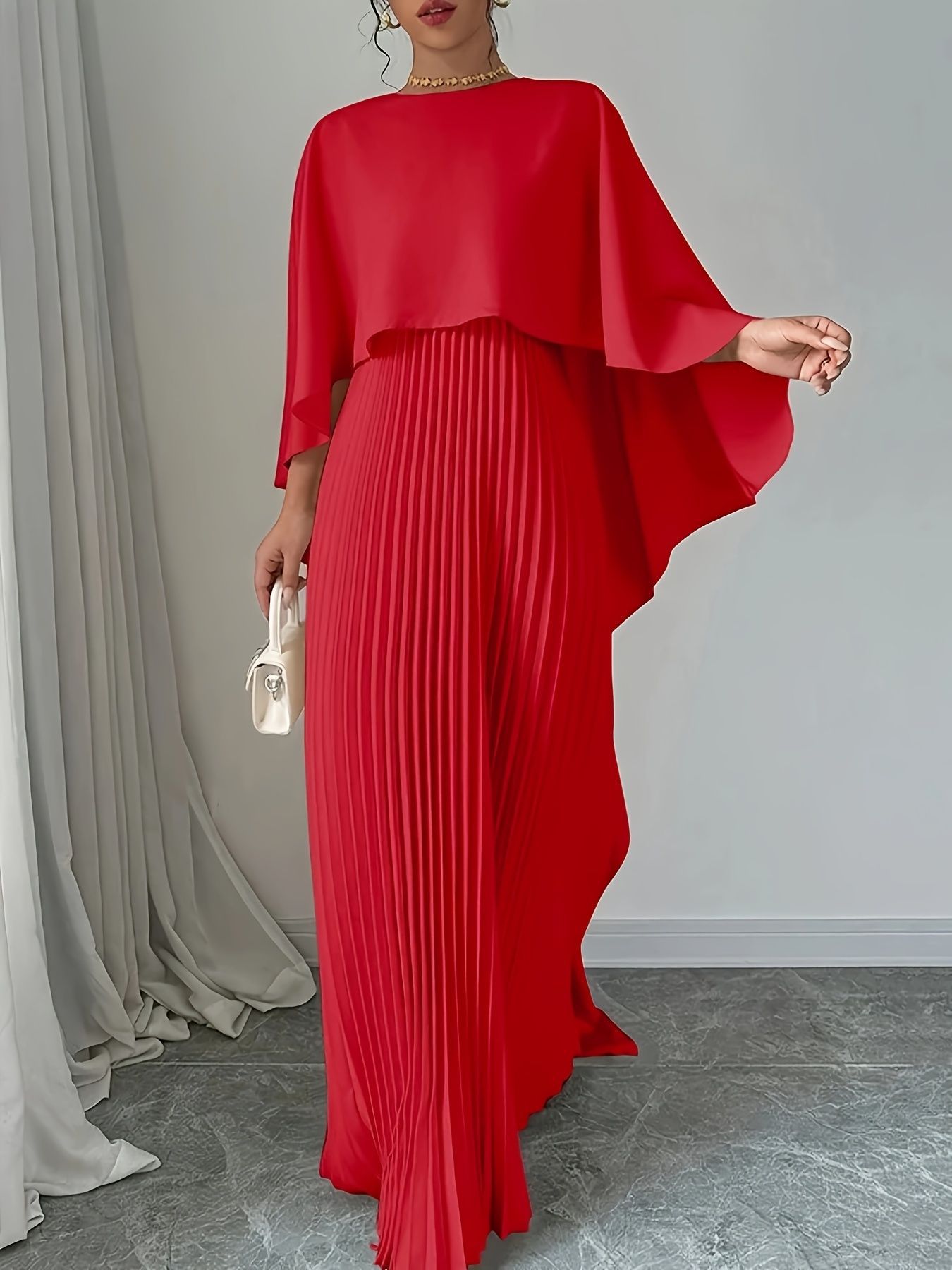Elegant Cape Overlay Pleated Maxi Dress (Buy 2 Free Shipping)