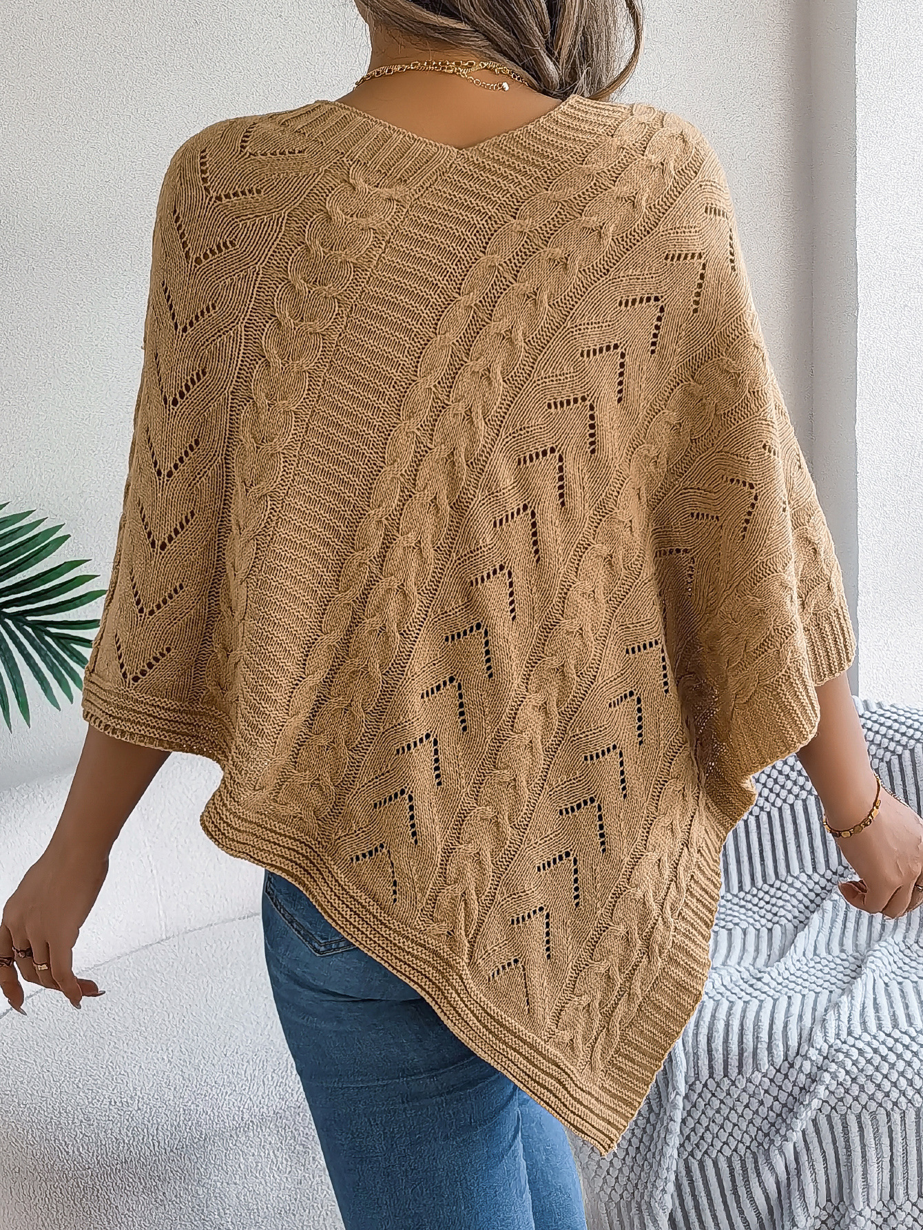 Relaxed Chevron Cable Knit V-Neck Poncho Sweater