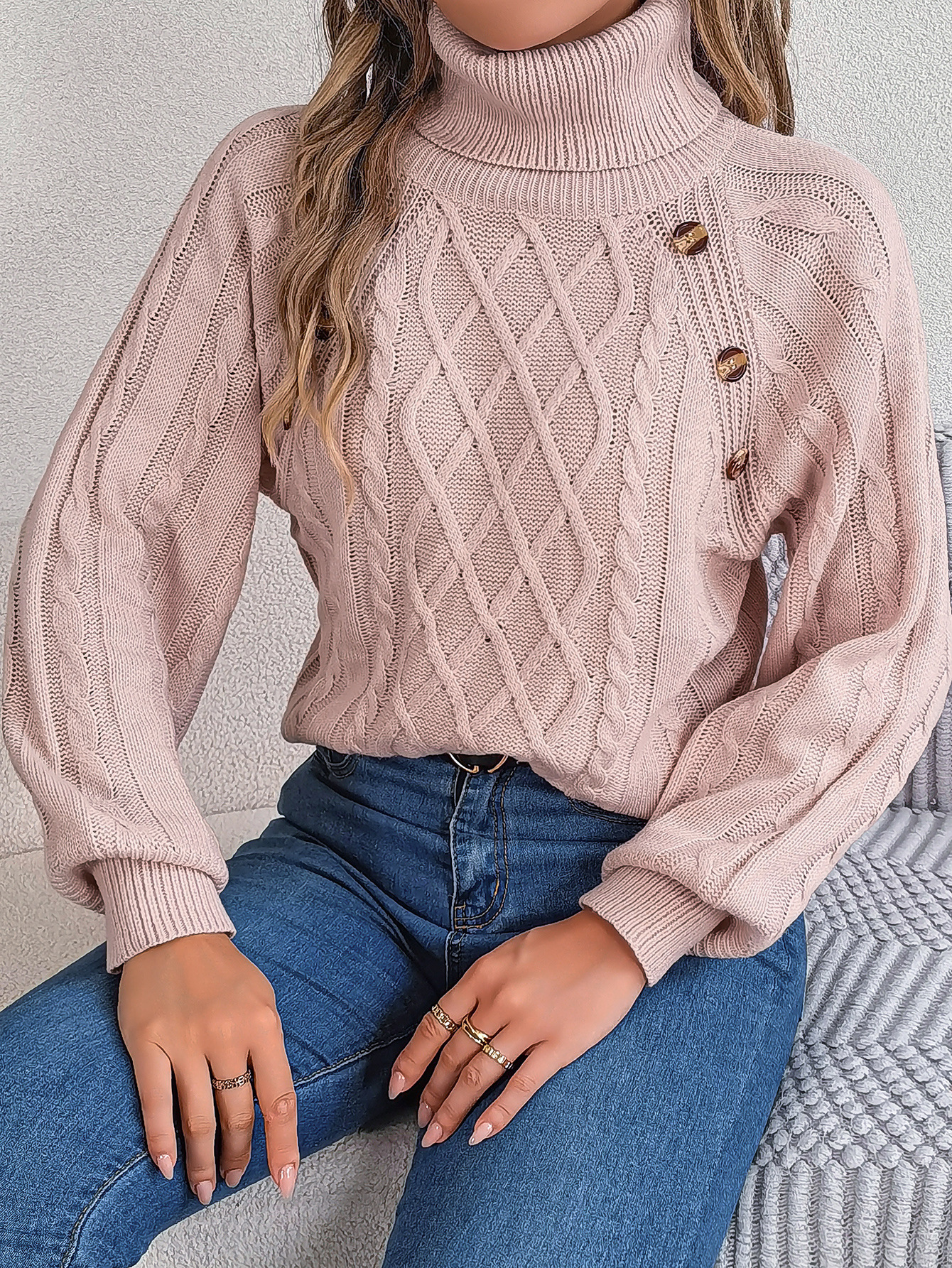 Cozy Turtleneck Cable Knit Button Accent Sweater