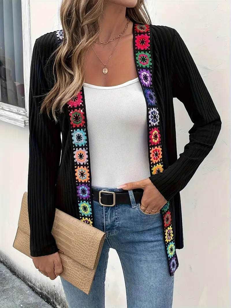 Boho Crochet Trim Rib Knit Open Cardigan