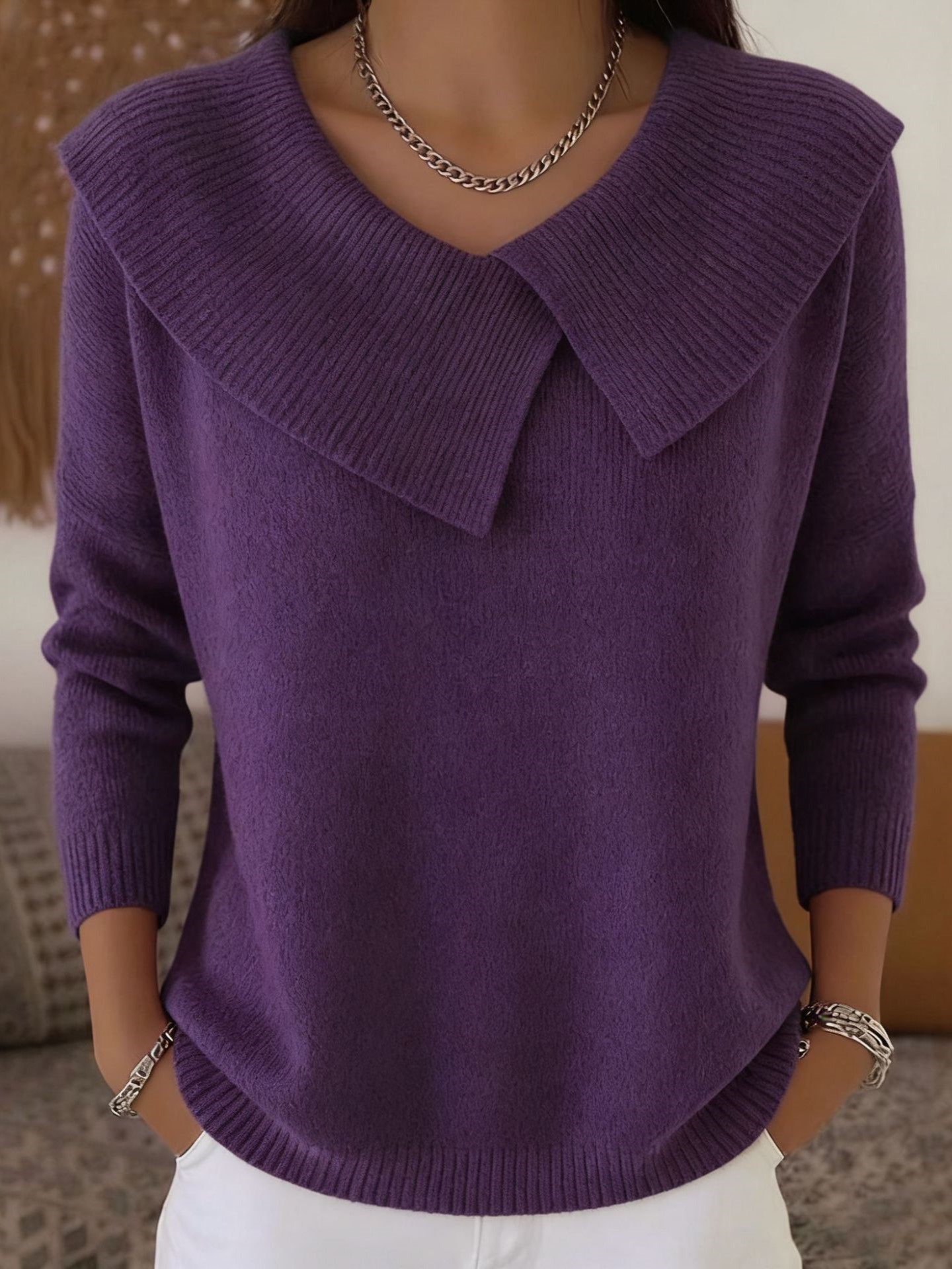 Elegant Wide Collar Knit Pullover Long Sleeve Sweater (Buy 2 Free Shipping)