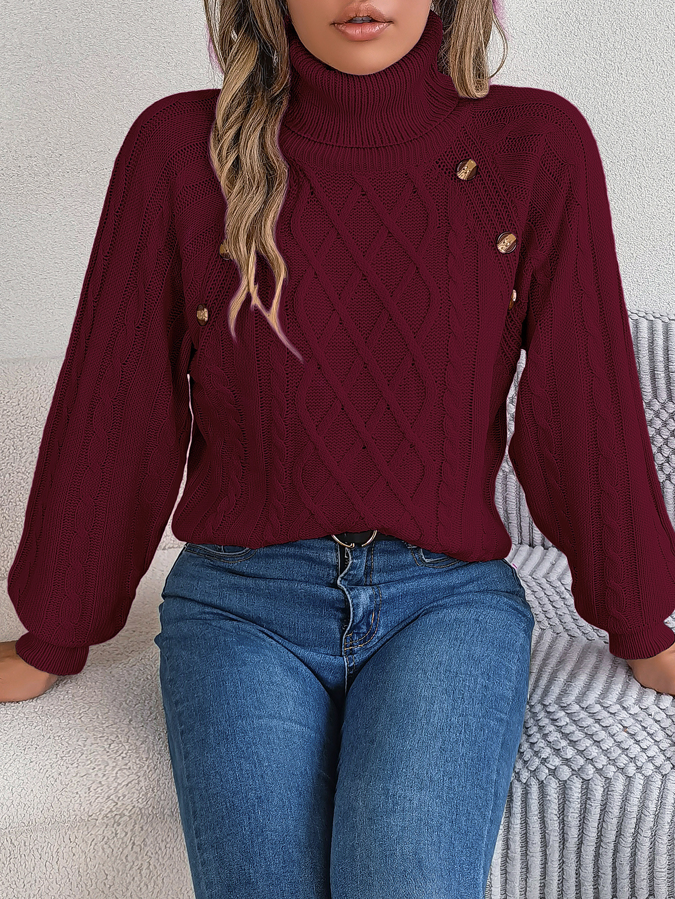 Cozy Turtleneck Cable Knit Button Accent Sweater