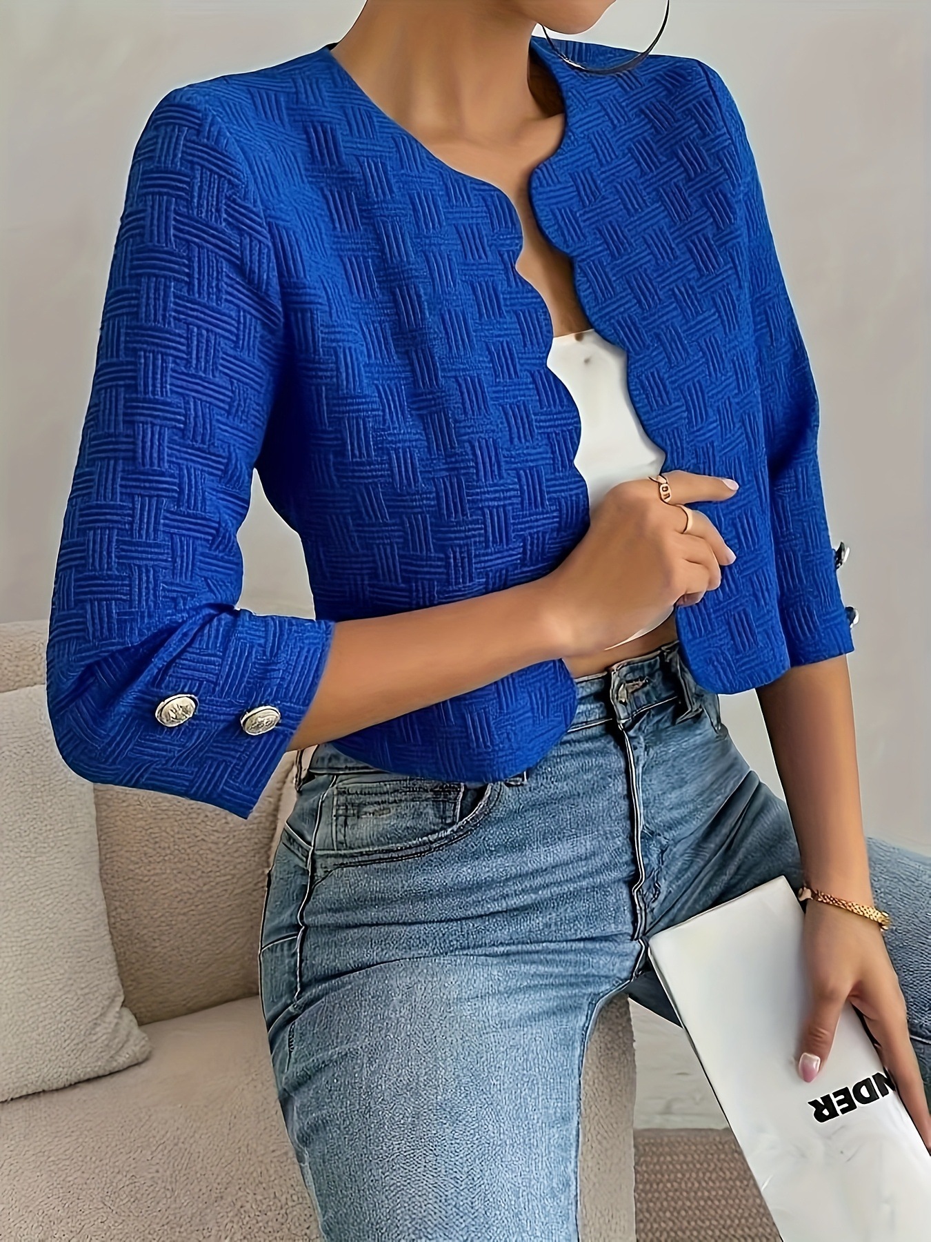 Elegant Textured Woven Open Front Cropped Jacket