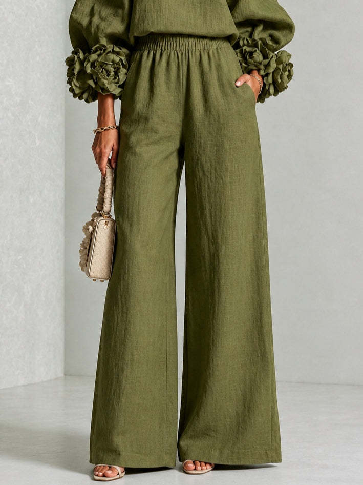 Elegant 3D Floral Cuff Balloon Sleeve Wide-Leg Pants Set