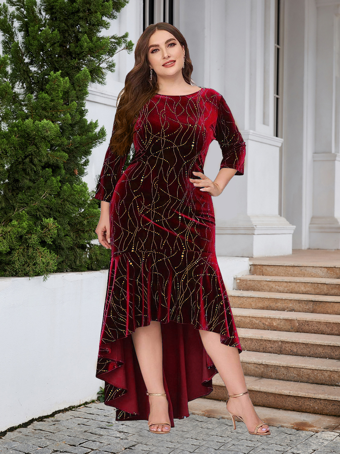 Elegant Velvet Gold Swirl High-Low Dress