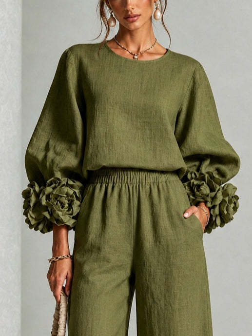 Elegant 3D Floral Cuff Balloon Sleeve Wide-Leg Pants Set