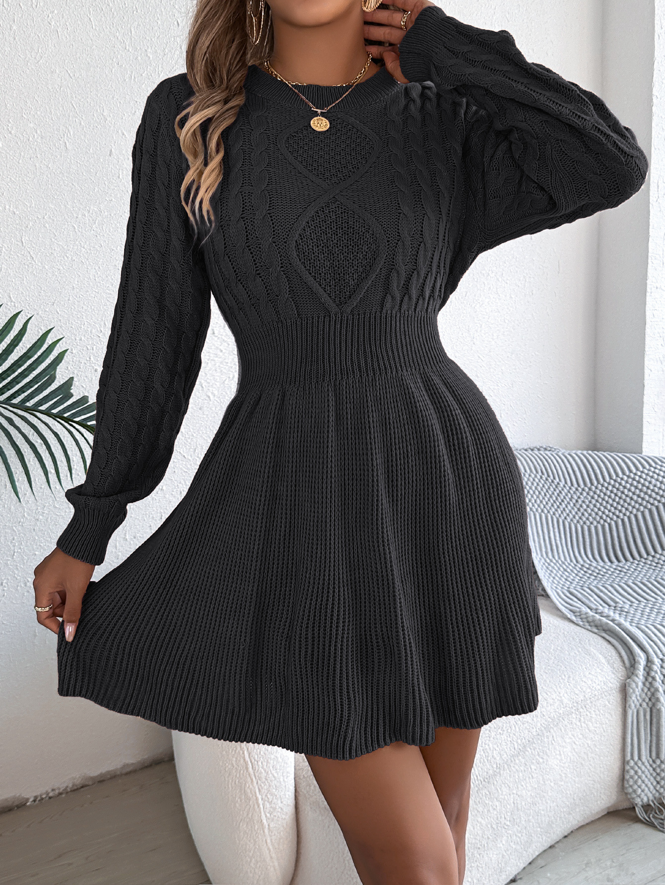 Cable Knit Slim Fit Waistline Sweater Dress