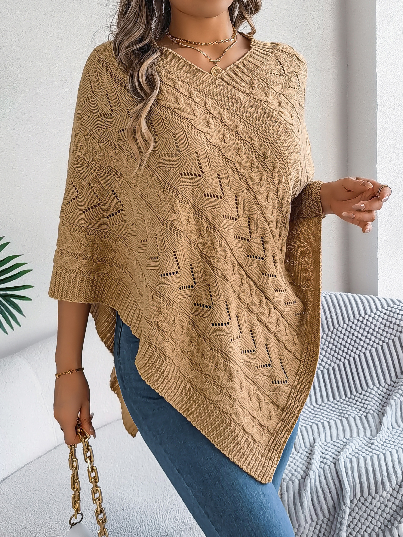Relaxed Chevron Cable Knit V-Neck Poncho Sweater