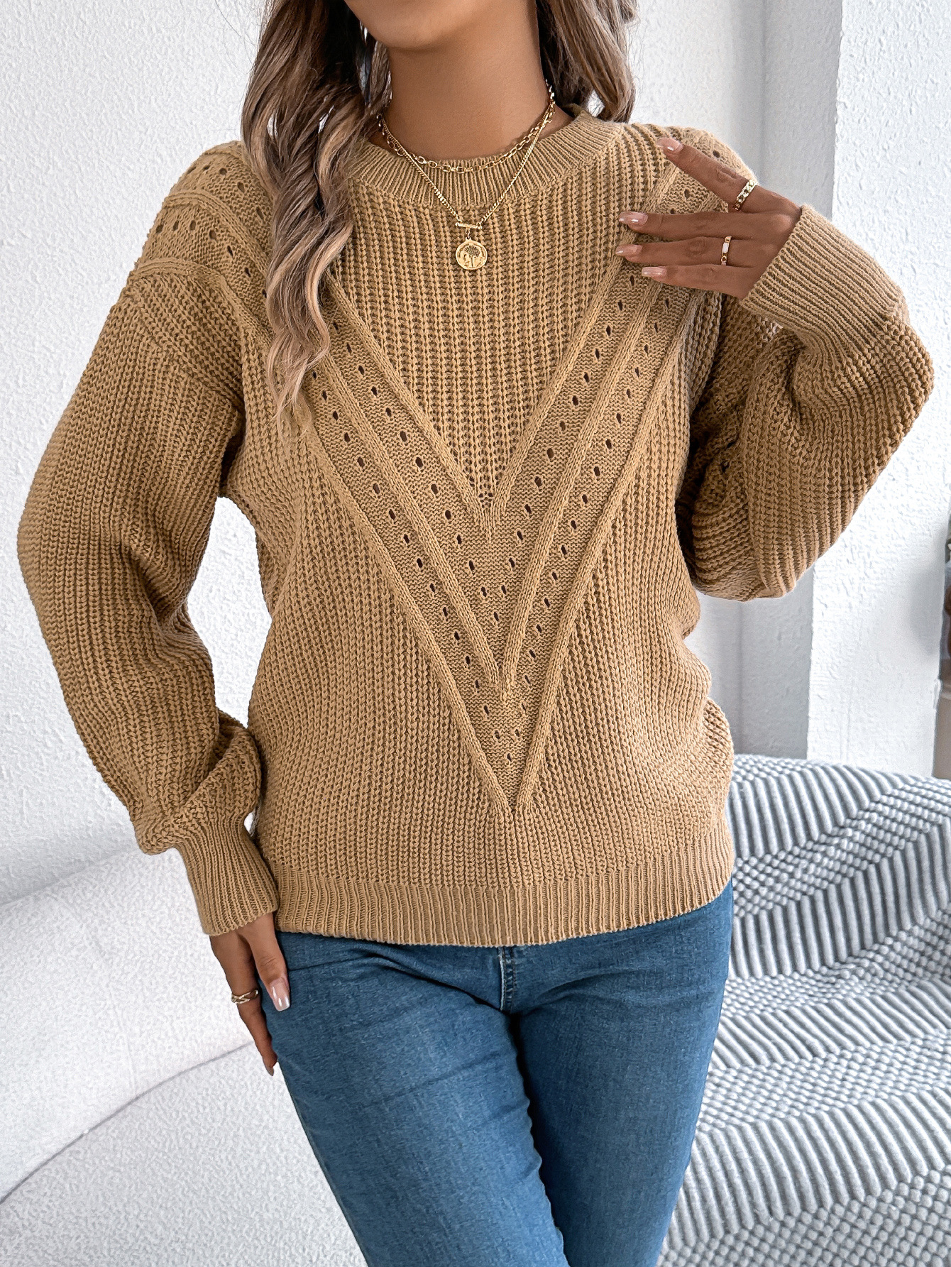 Elegant Textured Knit V Pattern Pullover Sweater