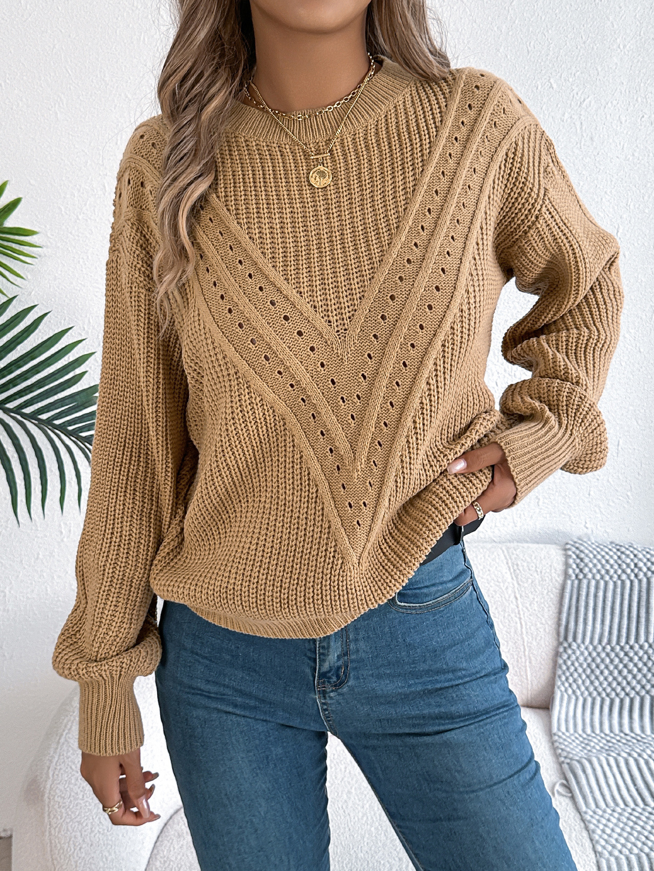 Elegant Textured Knit V Pattern Pullover Sweater