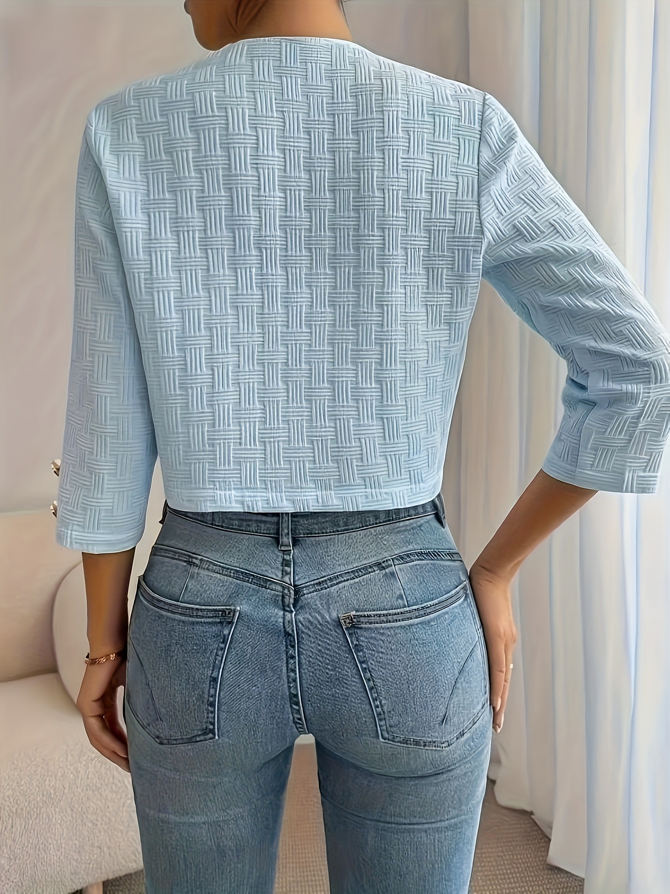 Elegant Textured Woven Open Front Cropped Jacket