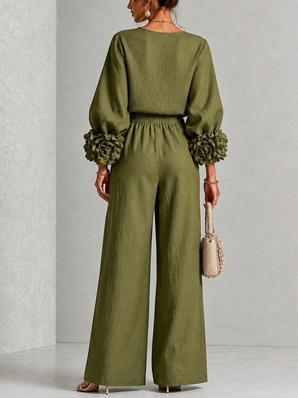 Elegant 3D Floral Cuff Balloon Sleeve Wide-Leg Pants Set