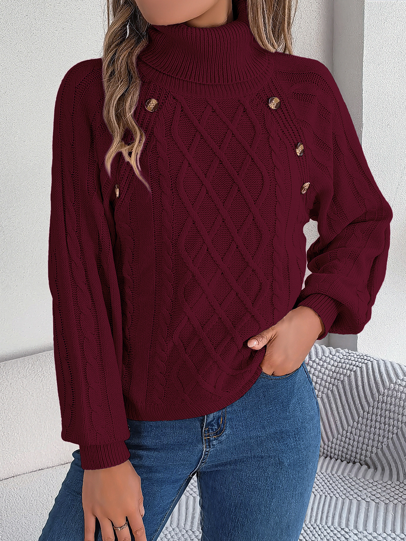 Cozy Turtleneck Cable Knit Button Accent Sweater