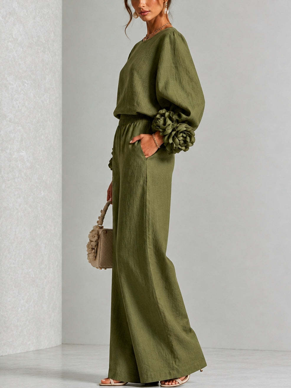 Elegant 3D Floral Cuff Balloon Sleeve Wide-Leg Pants Set