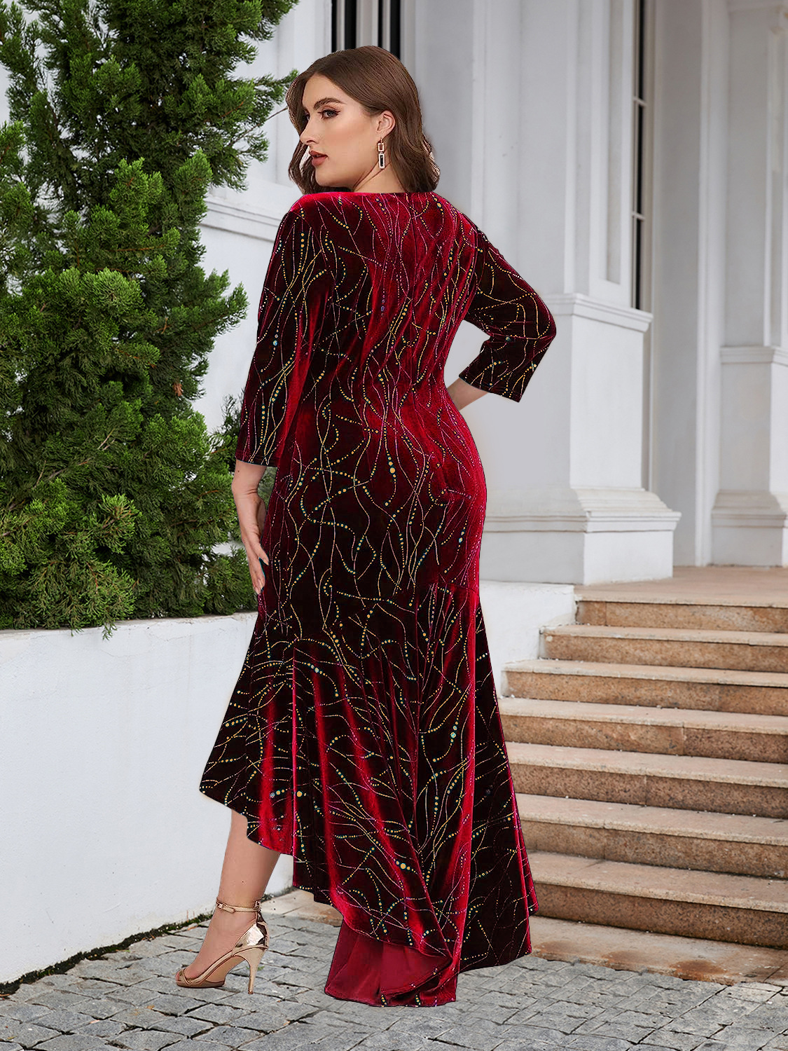 Elegant Velvet Gold Swirl High-Low Dress