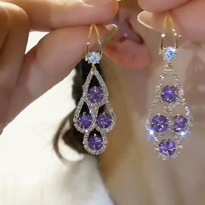 Purple Crystal Water Drop Long Tassel Earrings