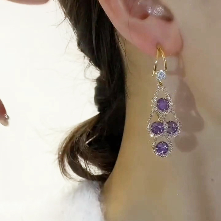 Purple Crystal Water Drop Long Tassel Earrings