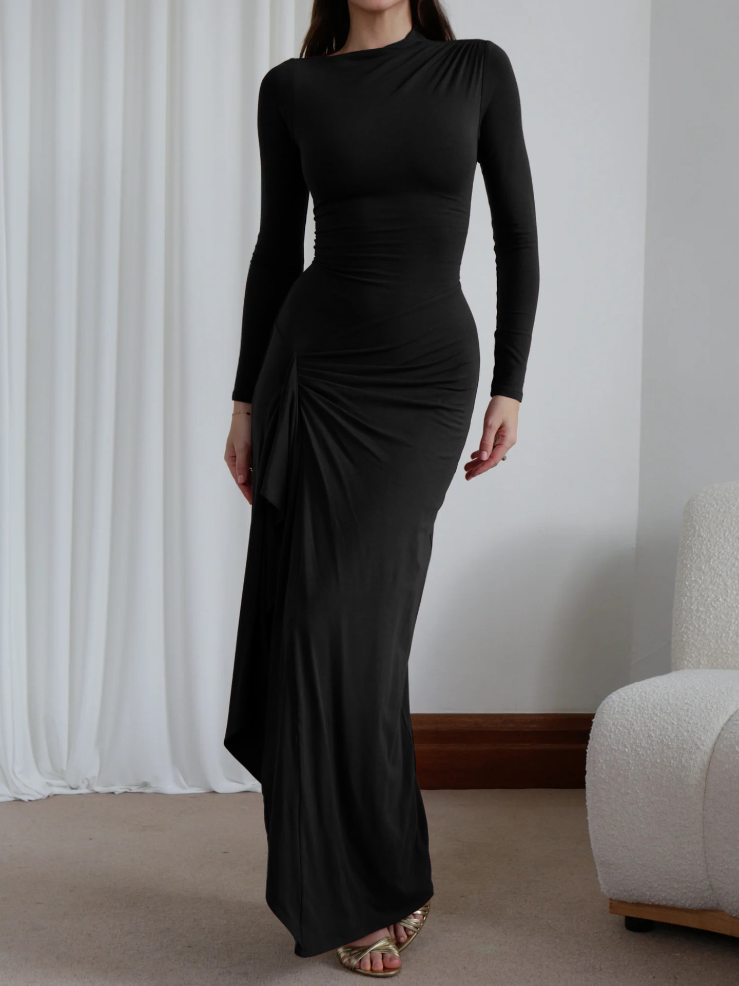 Long Sleeves Draped Slit Maxi Dress (Buy 2 Free Shipping)